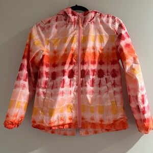 Me Jane Windbreaker Jacket Girls 10/12 Pink Orange Tie Dye Good Hooded Zip Front
